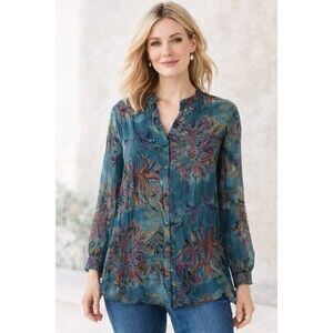 Vtg Chico’s 100% Silk Art to Wear Button Down Watercolor Textured Floral Boho XL